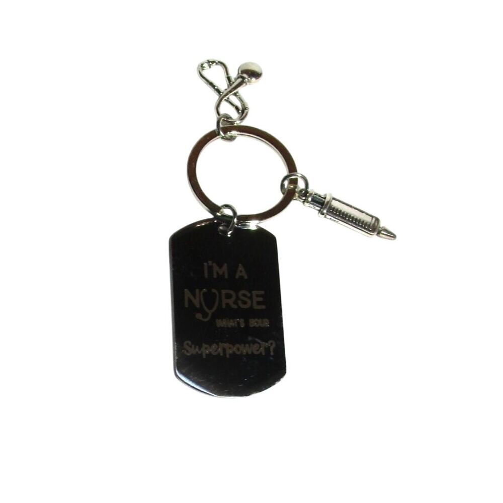 Nurse Keychain Stainless Steel Superpower Quote + Stethoscope & Syringe Charms